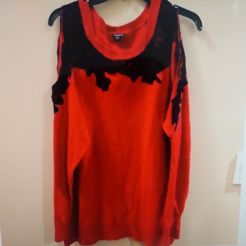 Torrid Womens Sweater 3 Red Gothic Cold Shoulder Lace Inset Knit Top